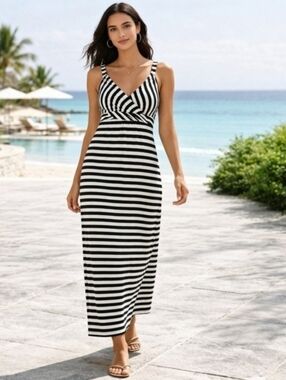 Boston Proper Monochrome Striped Maxi Dress